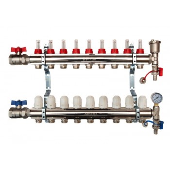 9-Way brass/nickel plated manifold including 18 x pipe connectors